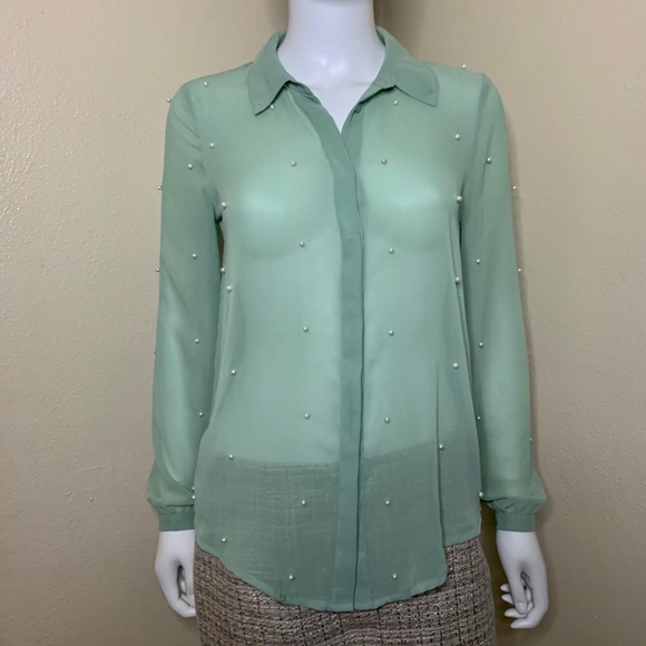LC Lauren Conrad mint pearl blouse - Picture 2 of 8